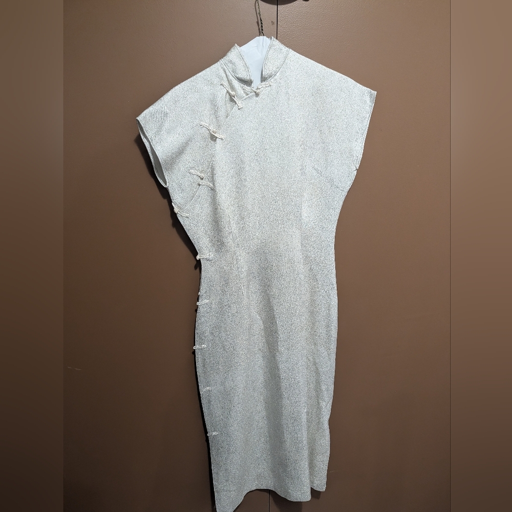 Cream Mandarin Collar Midi Dress with Side Knot Detail